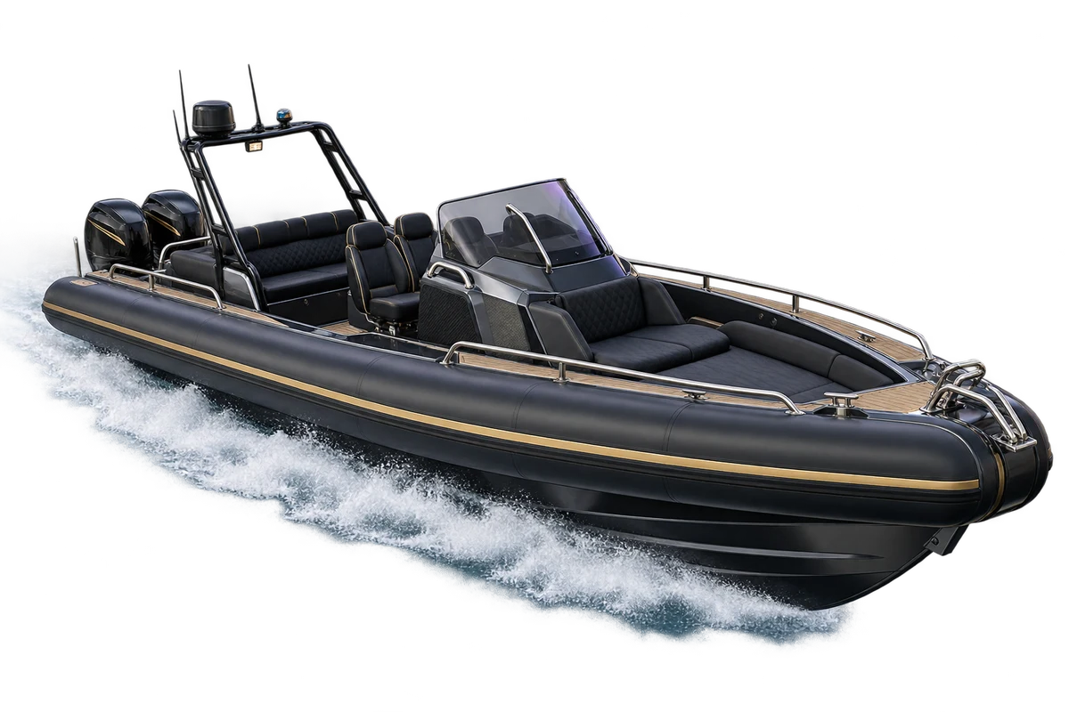 Concept illustration of a graphite speedboat with gold detailing riding through water